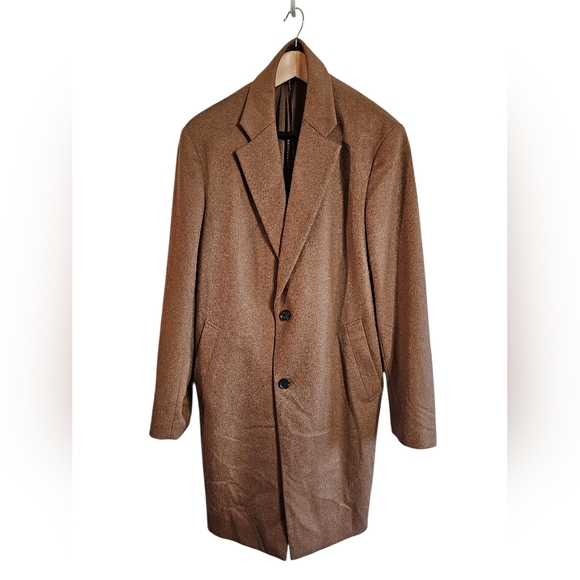 Uniqlo Mens Camel Wool Blend Overcoat Minimalist Tailored Coat Size L Classic - Picture 2 of 7